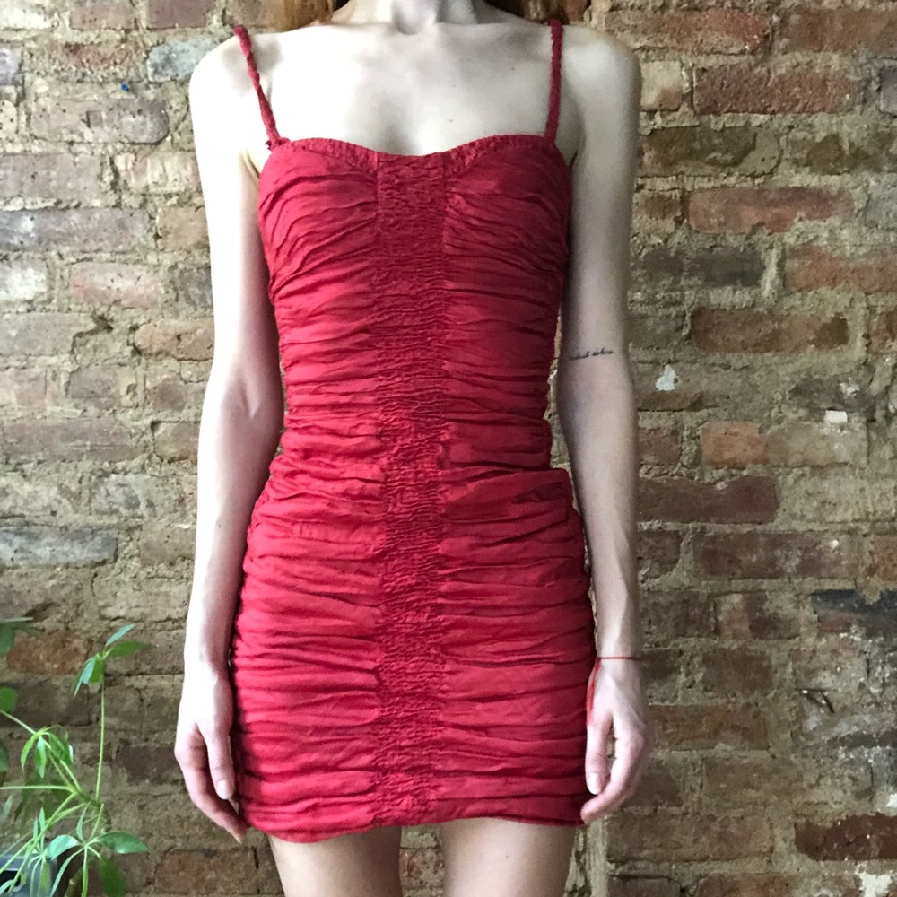 BCBGMaxAzria Red fitted, ruffled mini dress
